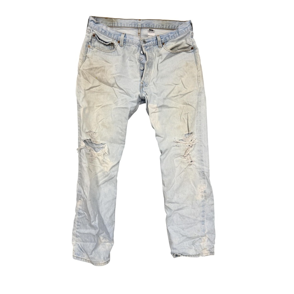 Levis Jeans Mens 34x27 Light Wash Blue Button Fly Distressed Straight Leg‎ Denim